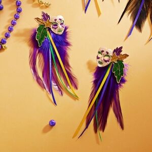 Mardi Gras Masquerade Mask Feather Earrings Purple Gold Green 3.75" L